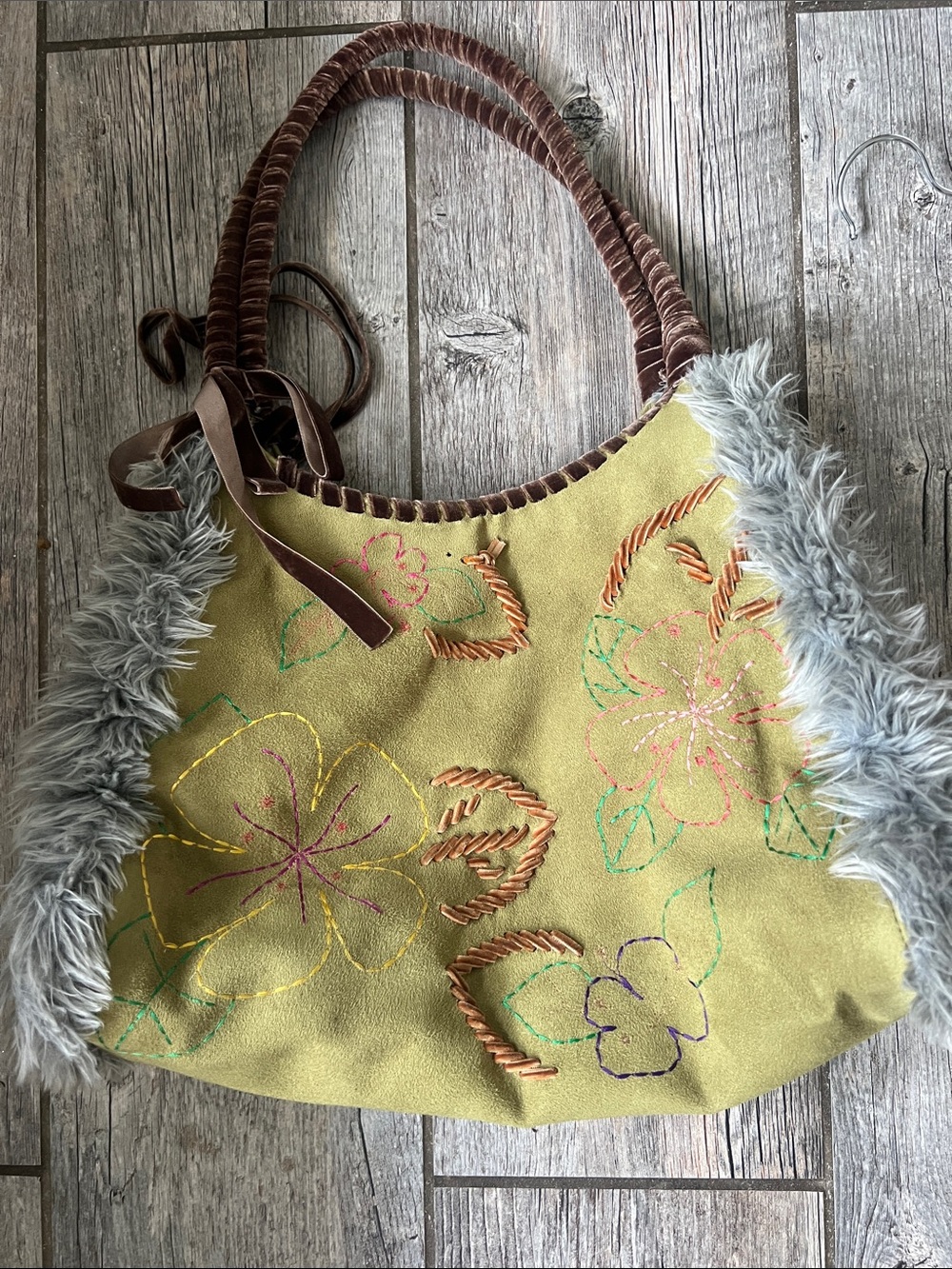 Green Embroidered Floral Shoulder Bag with Faux Fur Trim